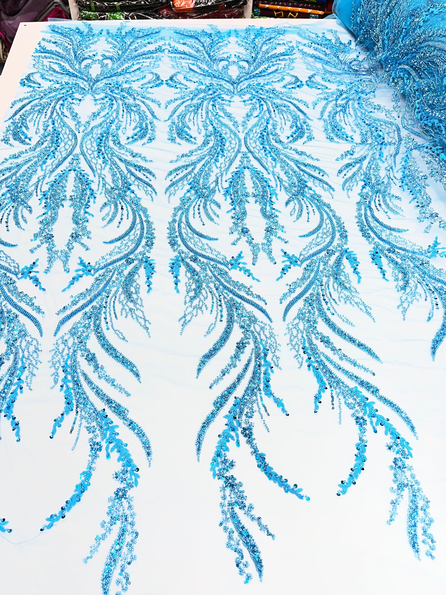 Sky Blue Beaded Lace Fabric