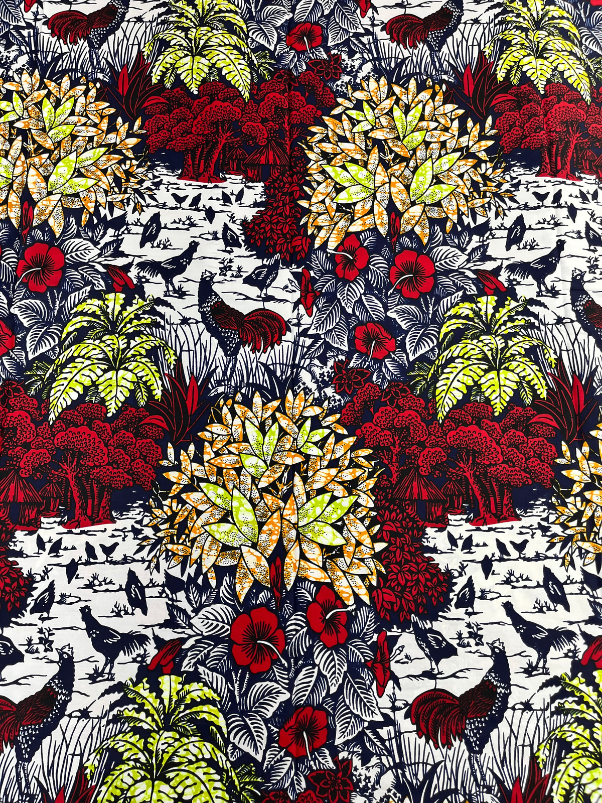 Red, Lime & Cream Tropical Garden African Print Fabric – 100% Cotton