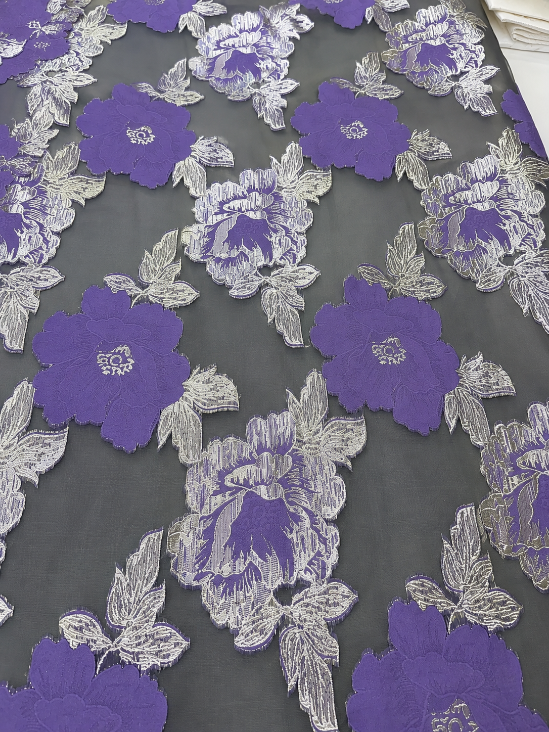 Luxury Purple & Silver Floral Organza Brocade Fabric