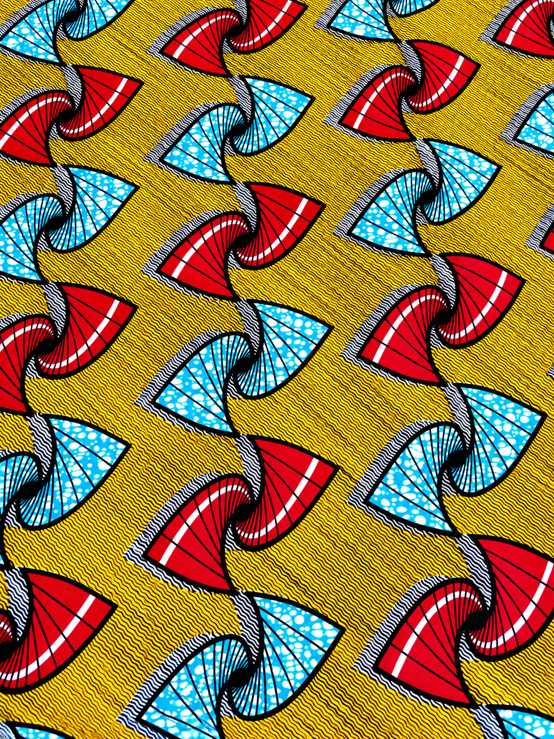Yellow, Red & Blue African Print Fabric – Abstract Fan Ankara Wax Print | 6 Yards