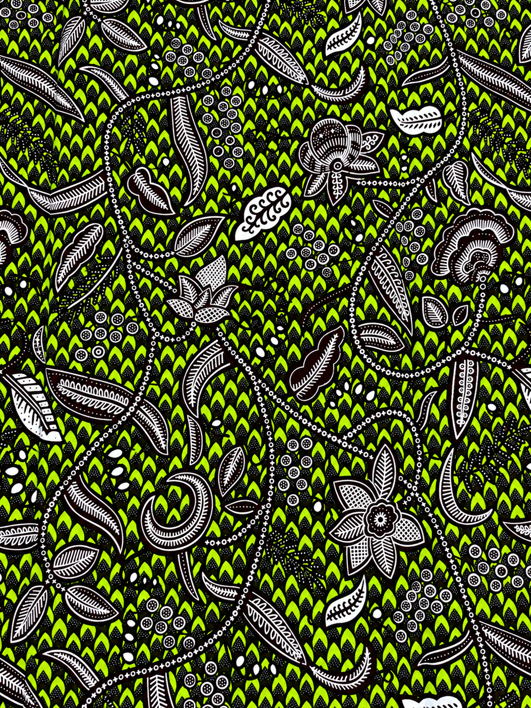 Lime Green & Black Floral African Print Fabric – 6 Yards, 100% Cotton Ankara.