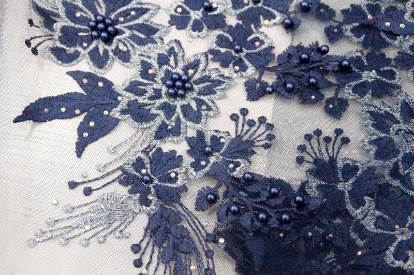 Floral Lace with Crystals & Soft Cotton Back Prussian Blue