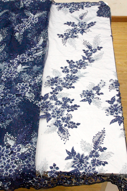 Navy Blue 3d floral tulle lace fabric 3d flower aso ebi wedding party beaded lace fabric