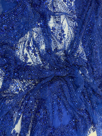 Royal Blue Pearl & Sequin Beaded Lace Fabric — Sold by the Yard