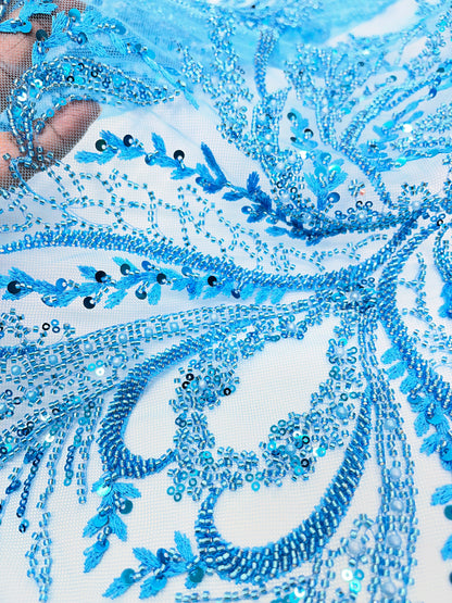Sky Blue Beaded Lace Fabric