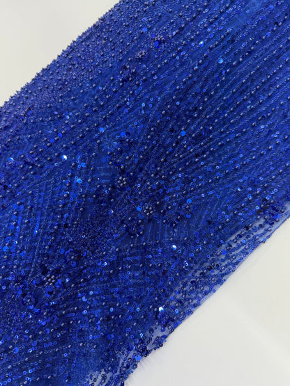 Royal Blue Pearl & Sequin Beaded Lace Fabric — Sold by the Yard