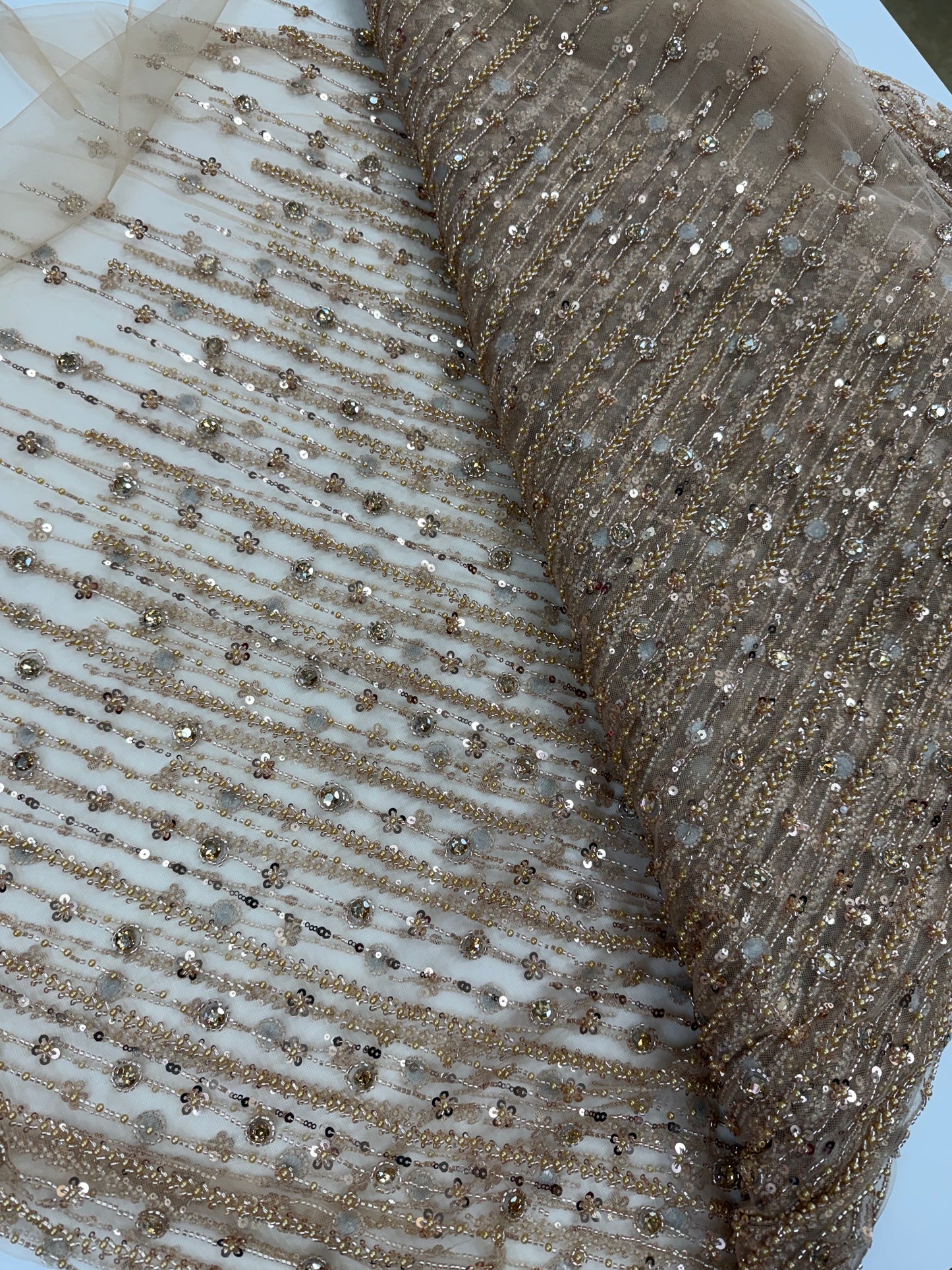 Champagne Gold Beaded Lace Fabric