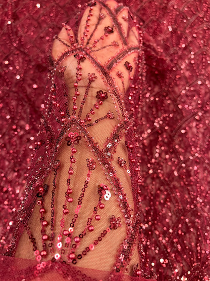 Luxury Burgundy Beaded Lace Fabric Premium Sequins Hand-Beaded Mesh