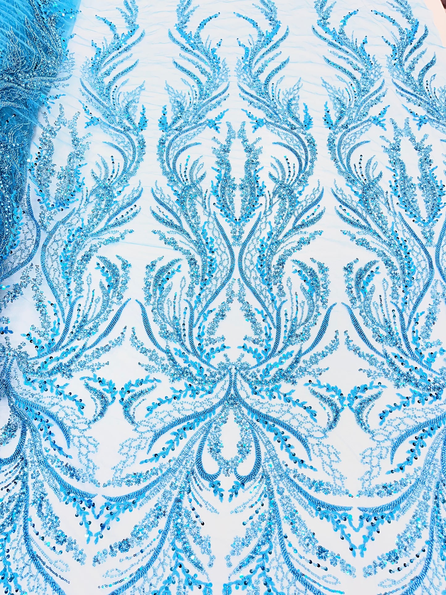 Sky Blue Beaded Lace Fabric