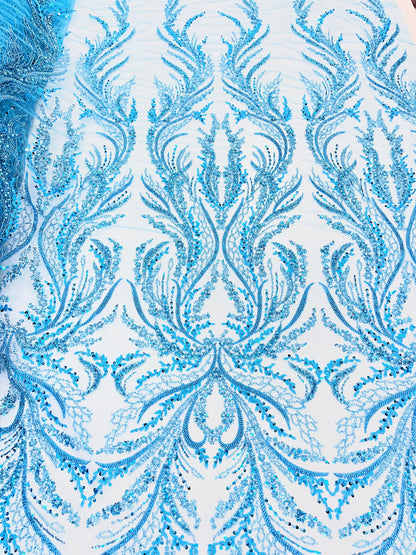 Sky Blue Beaded Lace Fabric