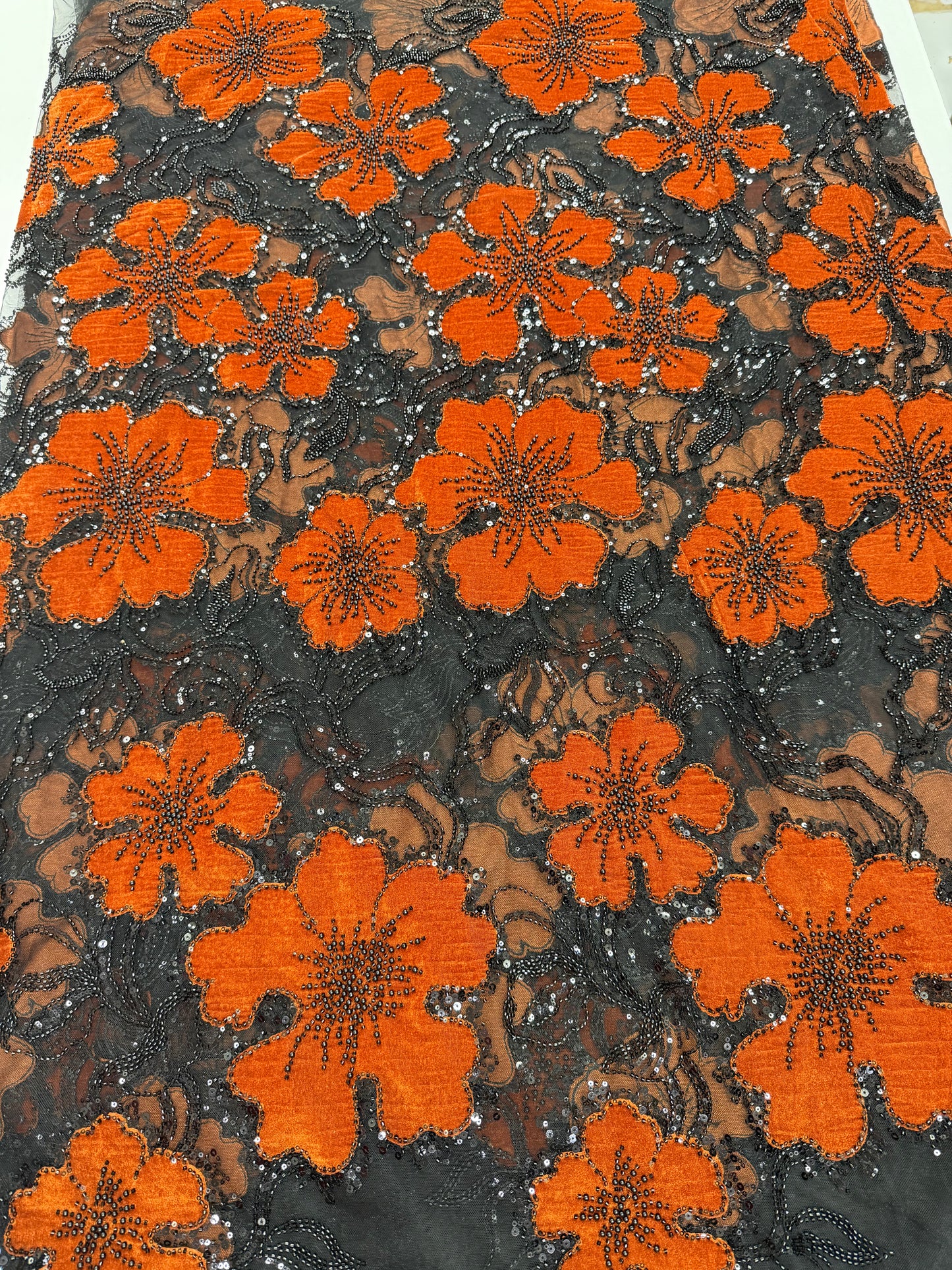 Velvet beaded lace fabric