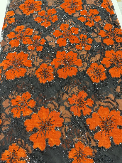 Velvet beaded lace fabric