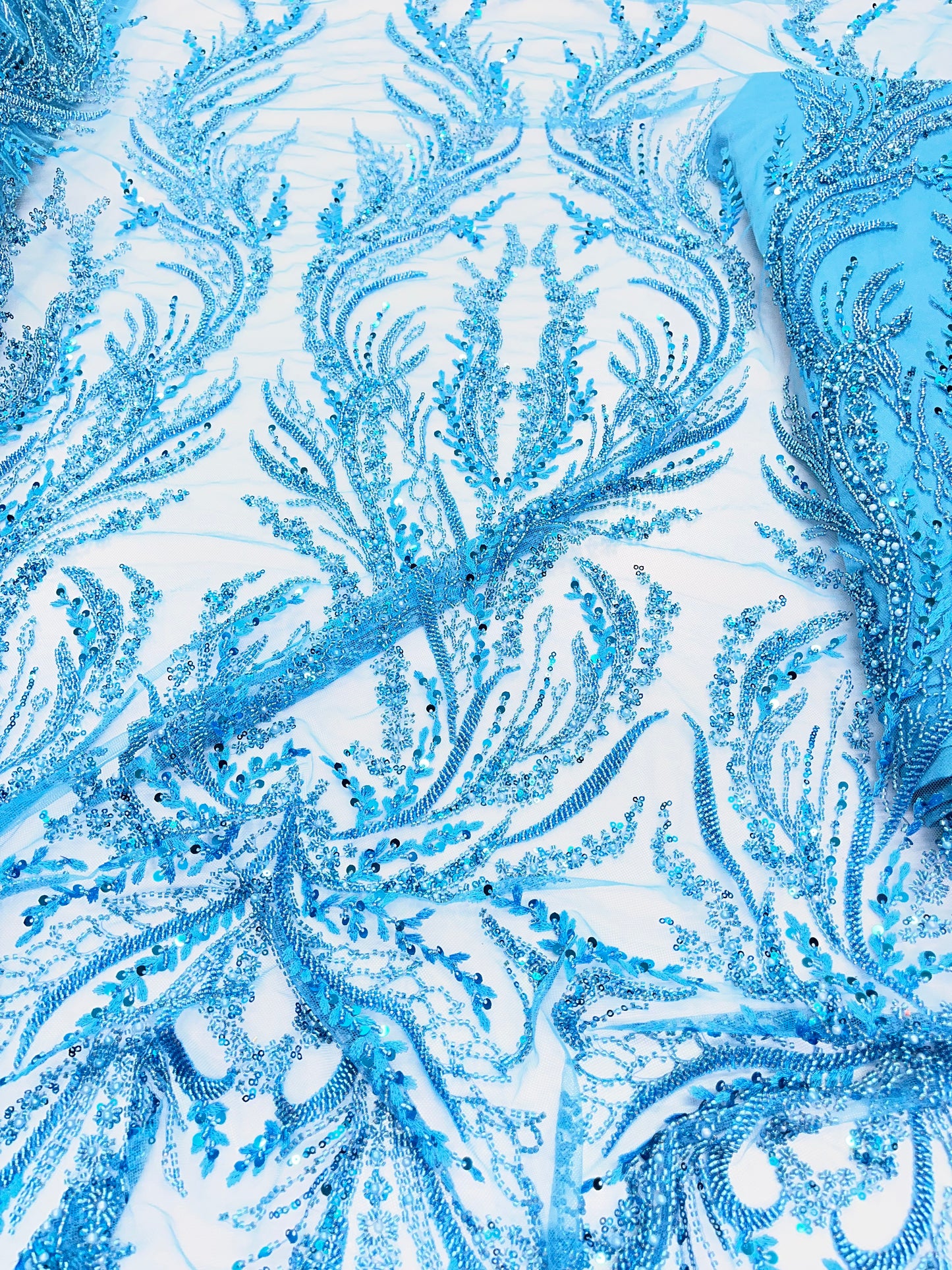 Sky Blue Beaded Lace Fabric