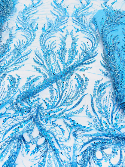 Sky Blue Beaded Lace Fabric