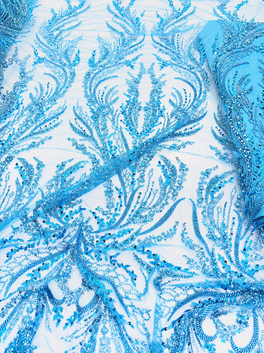 Sky Blue Beaded Lace Fabric