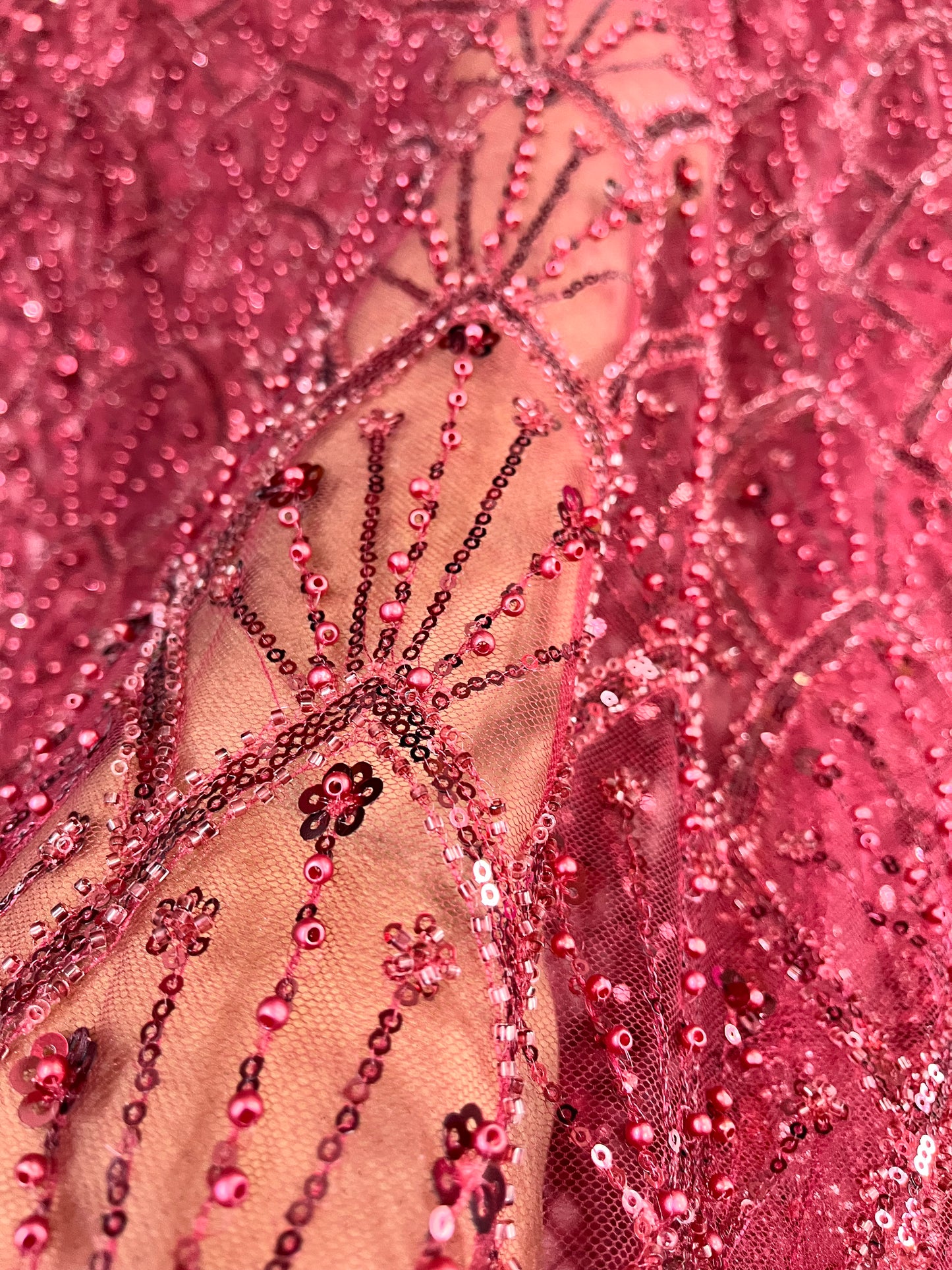 Luxury Burgundy Beaded Lace Fabric Premium Sequins Hand-Beaded Mesh