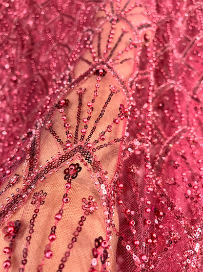 Luxury Burgundy Beaded Lace Fabric Premium Sequins Hand-Beaded Mesh