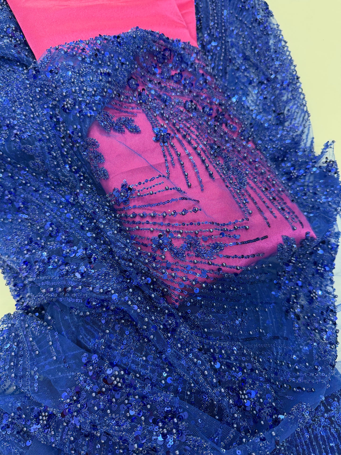 Royal Blue Pearl & Sequin Beaded Lace Fabric — Sold by the Yard