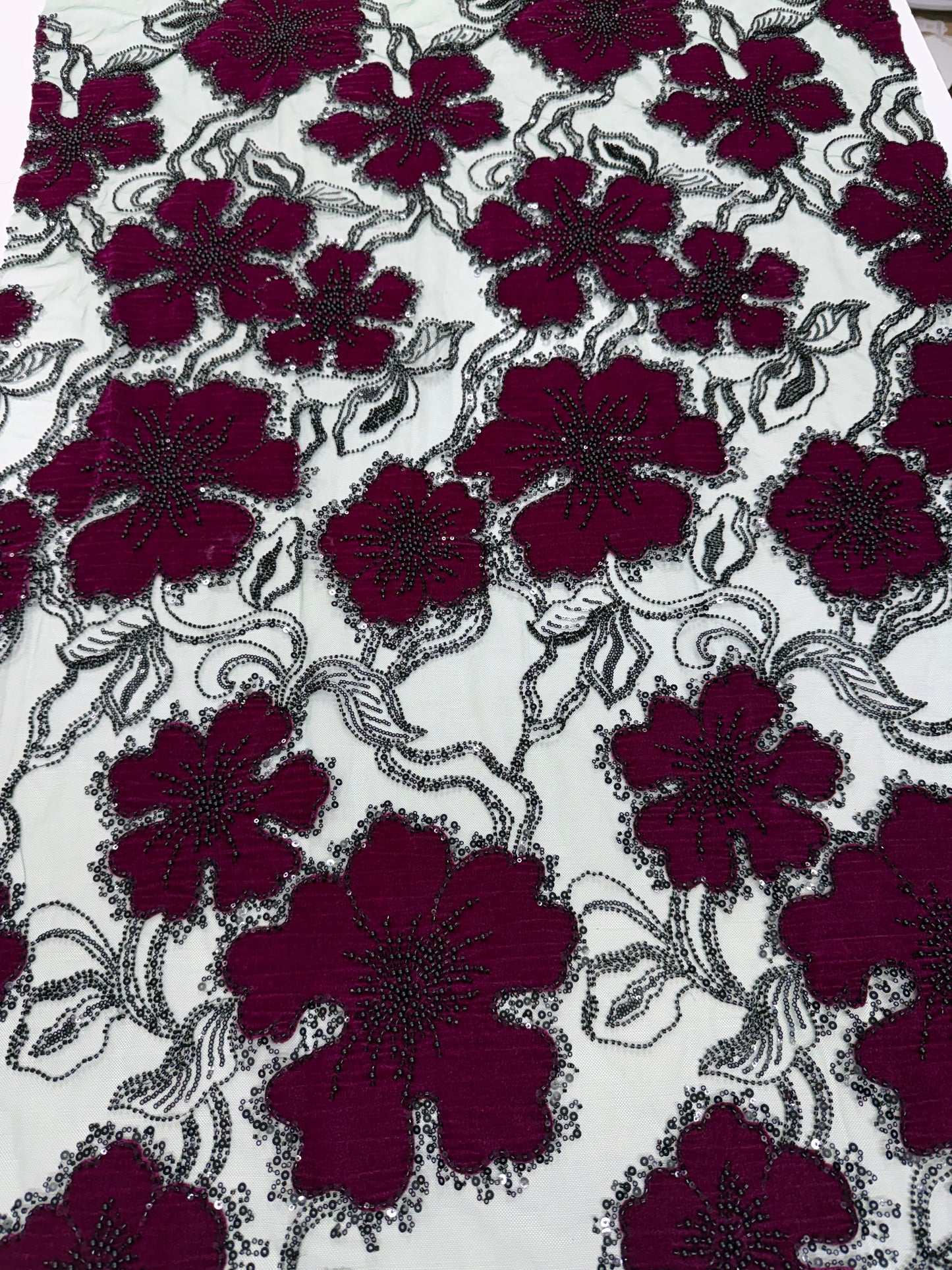 Velvet beaded Lace Fabric ￼
