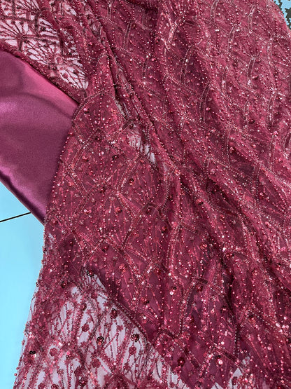 Luxury Burgundy Beaded Lace Fabric Premium Sequins Hand-Beaded Mesh