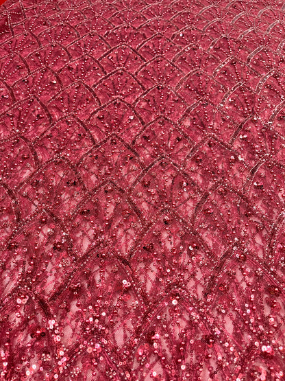 Luxury Burgundy Beaded Lace Fabric Premium Sequins Hand-Beaded Mesh