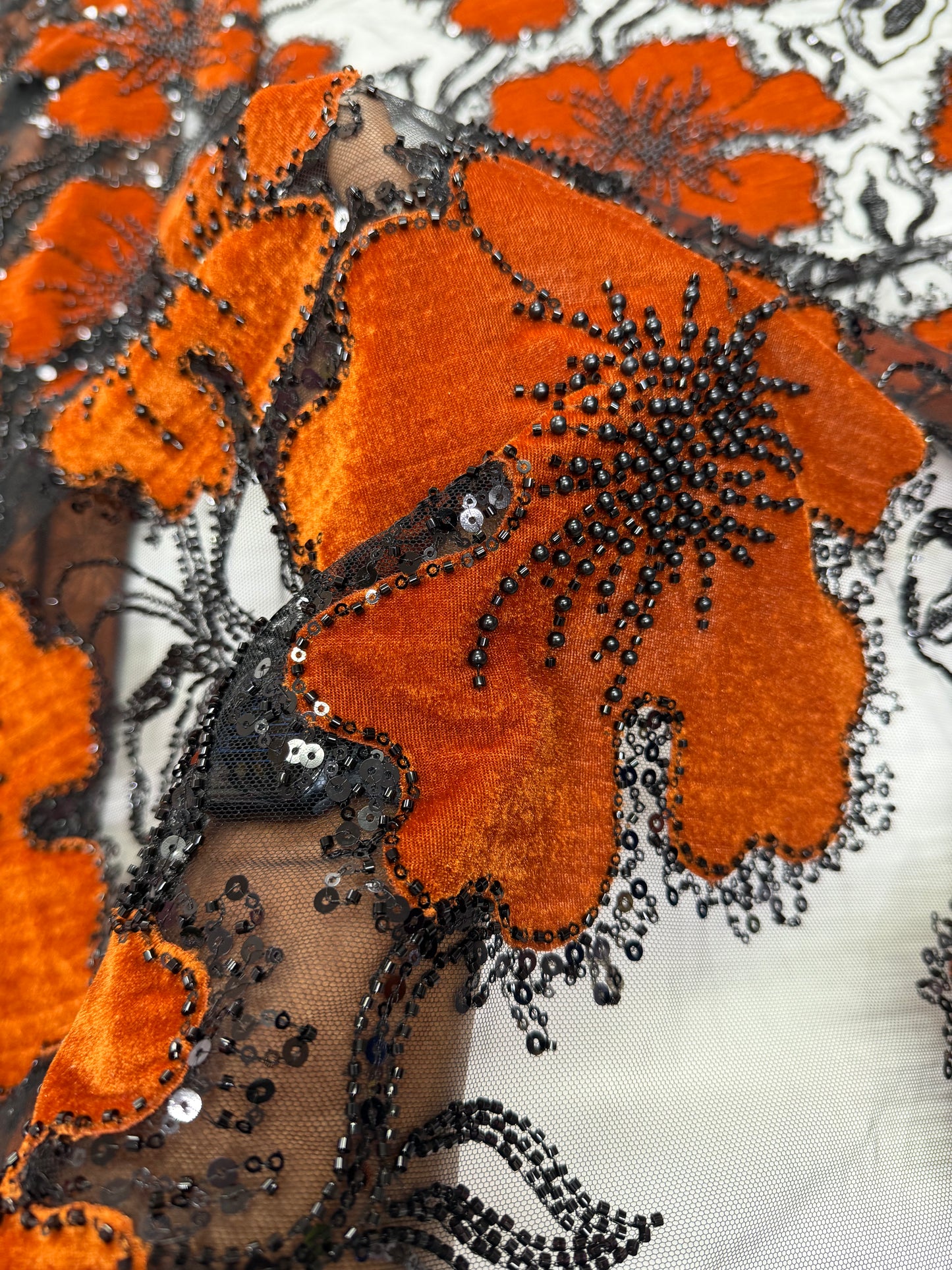 Velvet beaded lace fabric