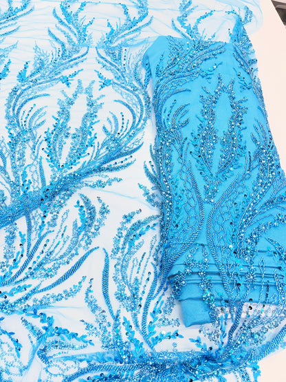 Sky Blue Beaded Lace Fabric