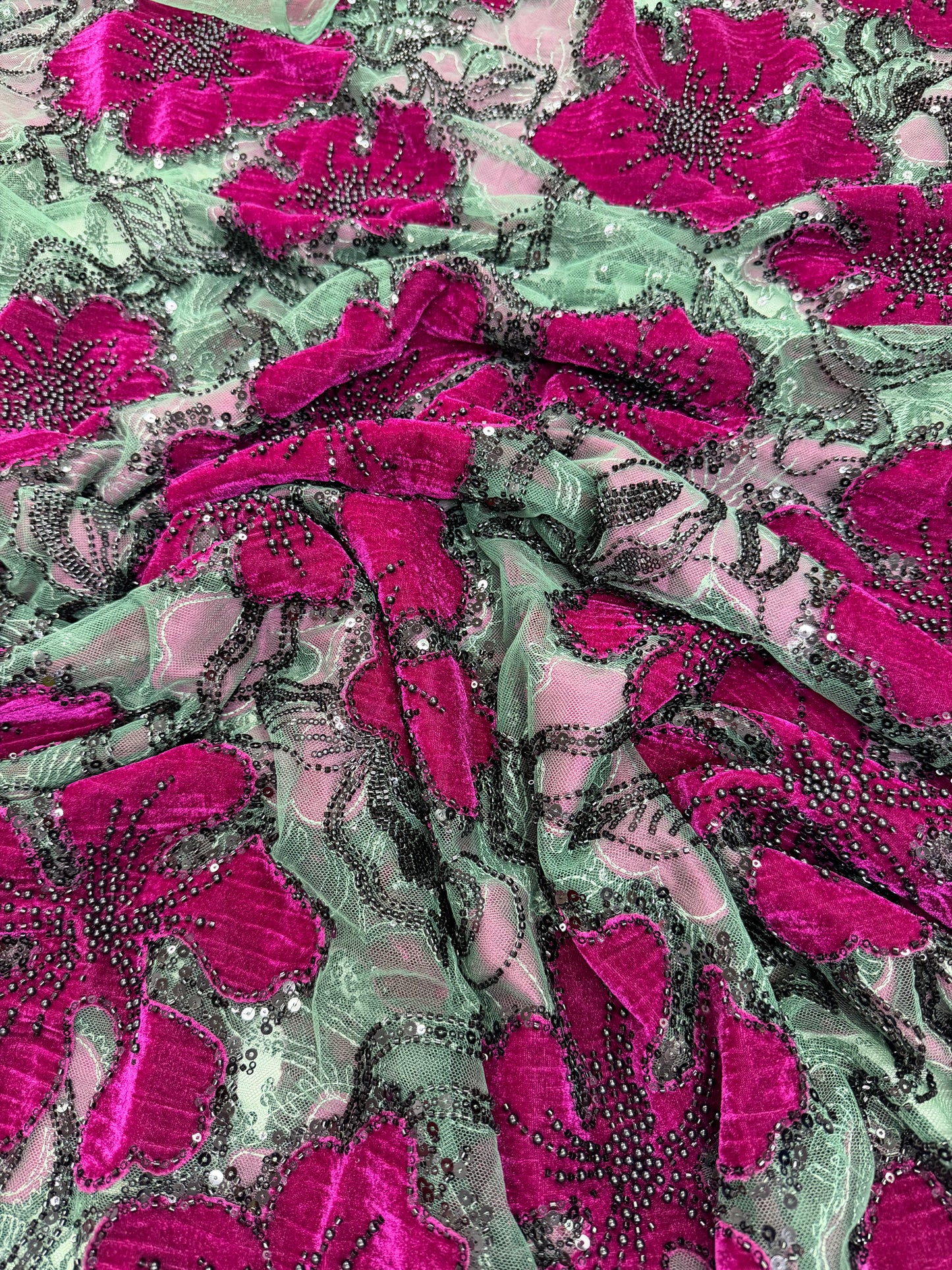 Velvet beaded Lace Fabric ￼