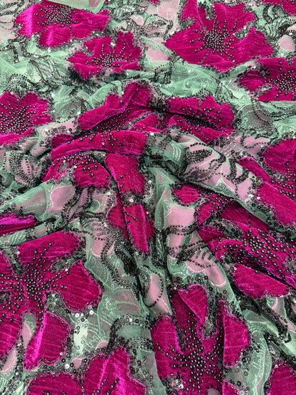 Velvet beaded Lace Fabric ￼