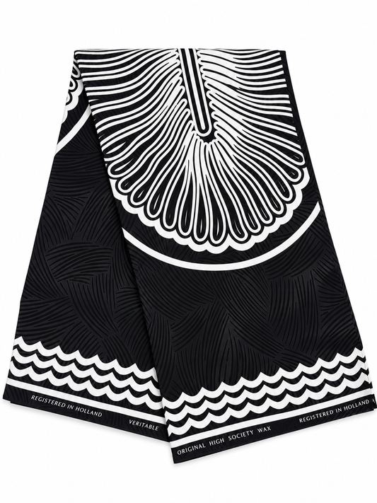 Midnight Fan Medallion Black and White African Print Fabric – 6-Yard