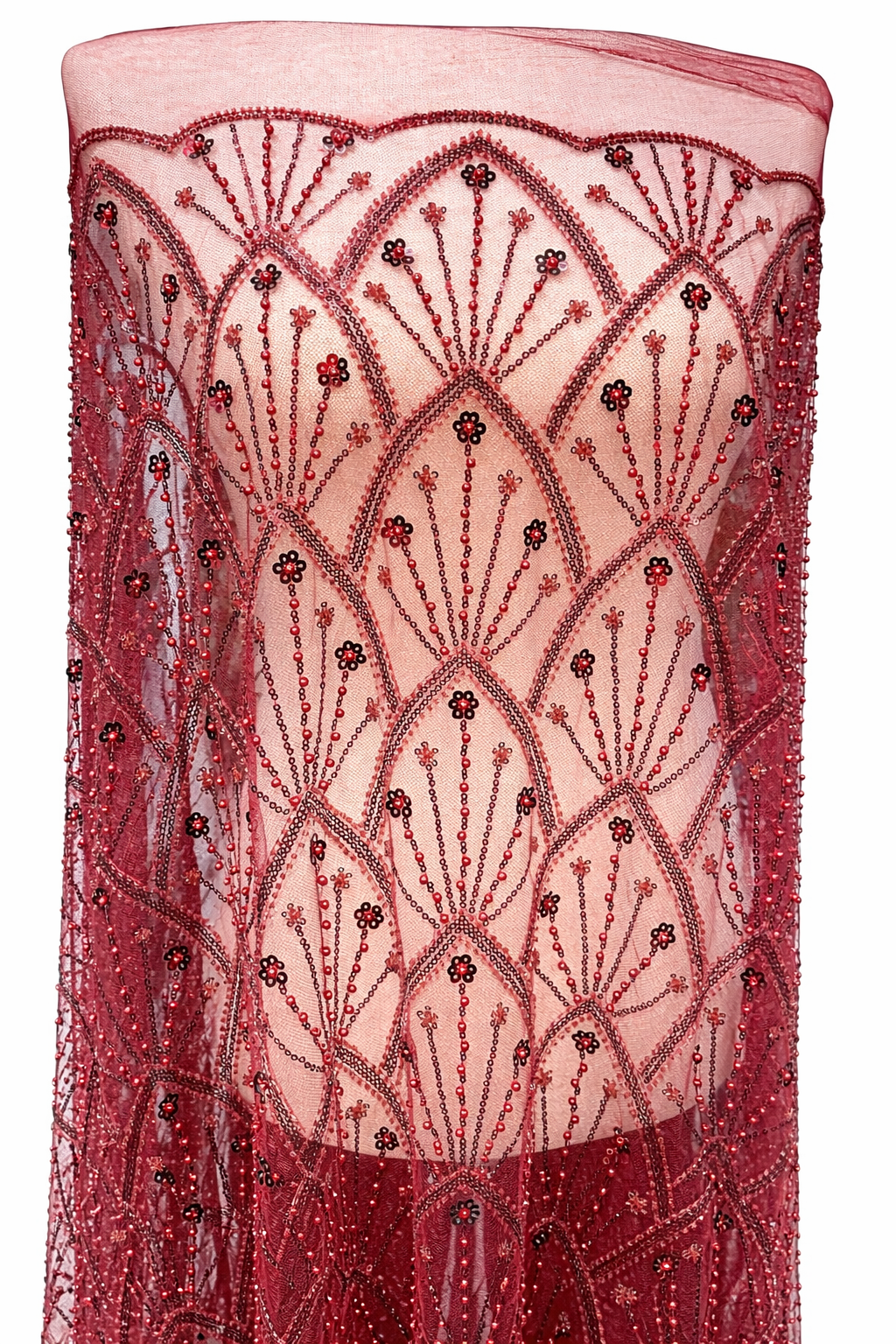 Luxury Burgundy Beaded Lace Fabric Premium Sequins Hand-Beaded Mesh