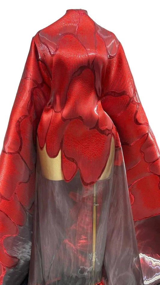 Luxury Liquid Red Organza Brocade Fabric – 60” Wide Sold by the Yard