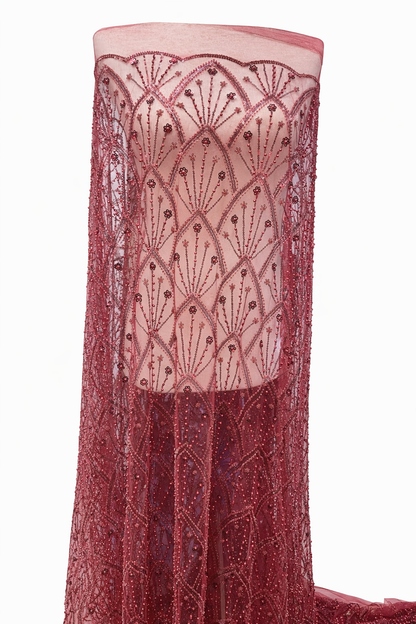 Luxury Burgundy Beaded Lace Fabric Premium Sequins Hand-Beaded Mesh