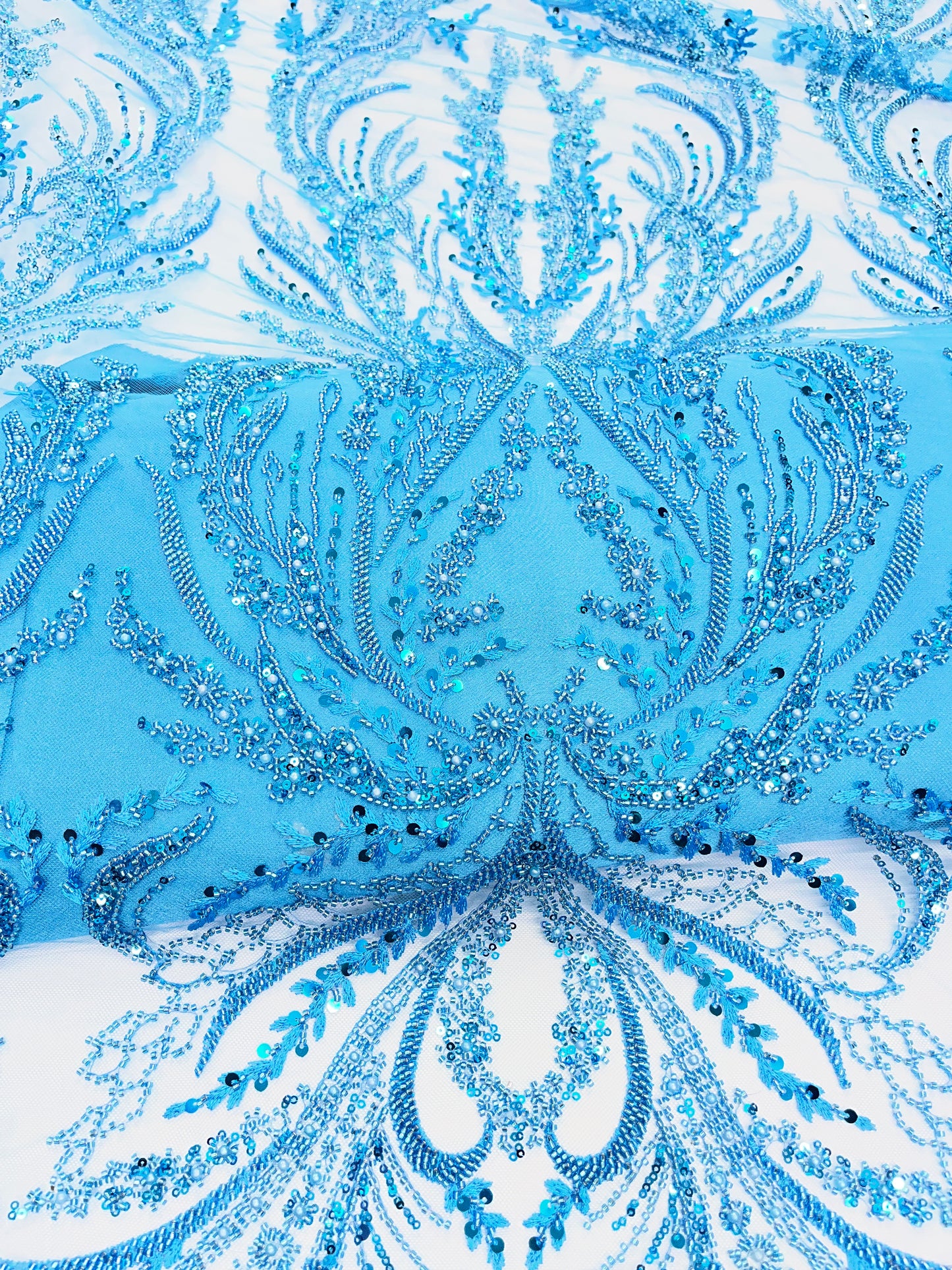 Sky Blue Beaded Lace Fabric