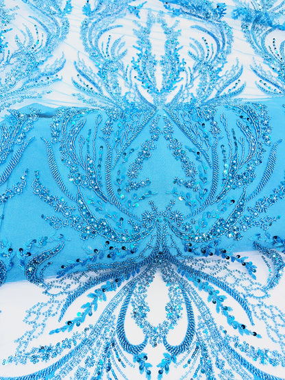 Sky Blue Beaded Lace Fabric