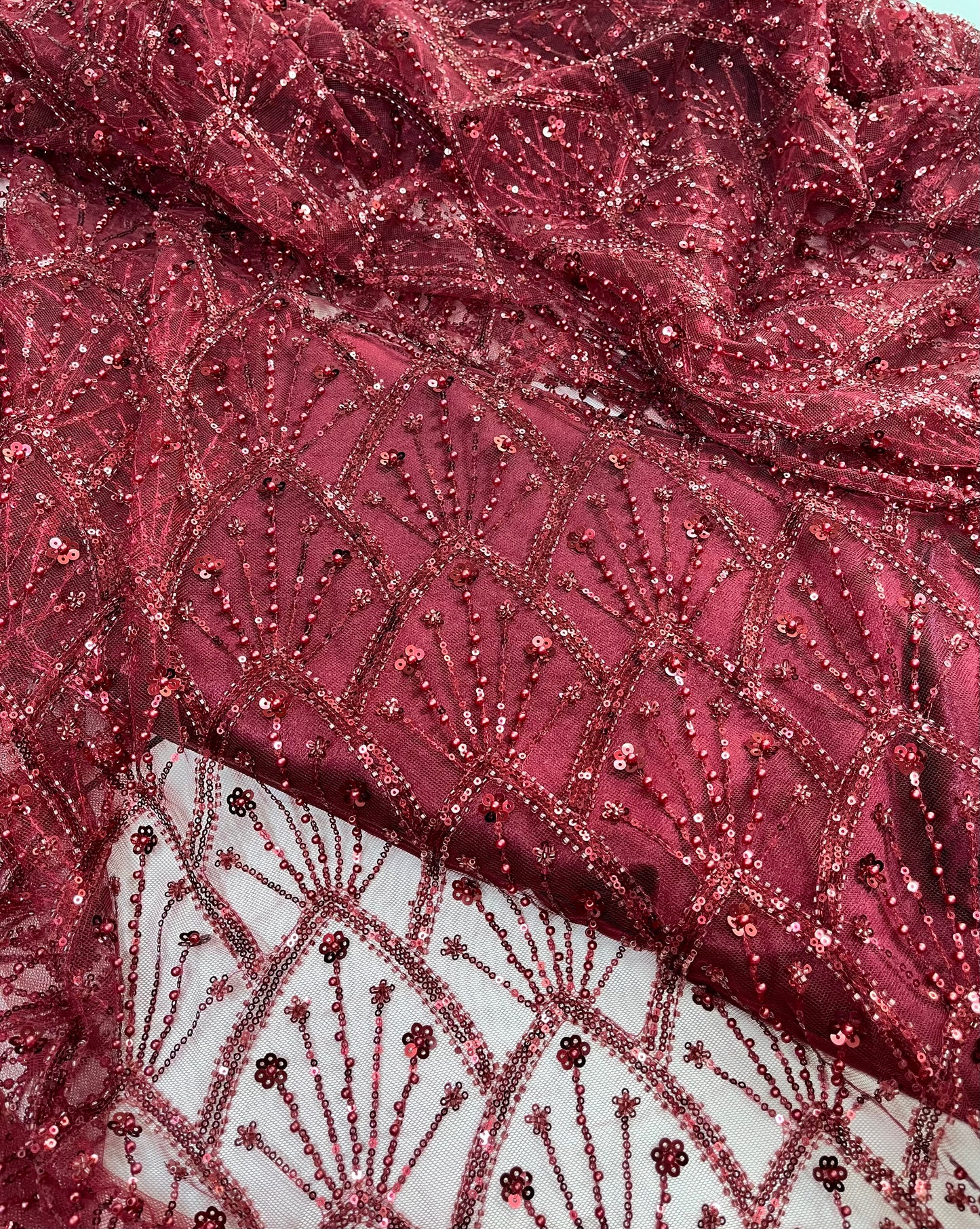 Luxury Burgundy Beaded Lace Fabric Premium Sequins Hand-Beaded Mesh