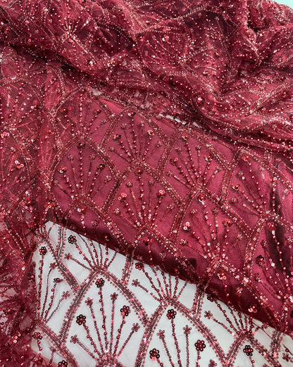 Luxury Burgundy Beaded Lace Fabric Premium Sequins Hand-Beaded Mesh