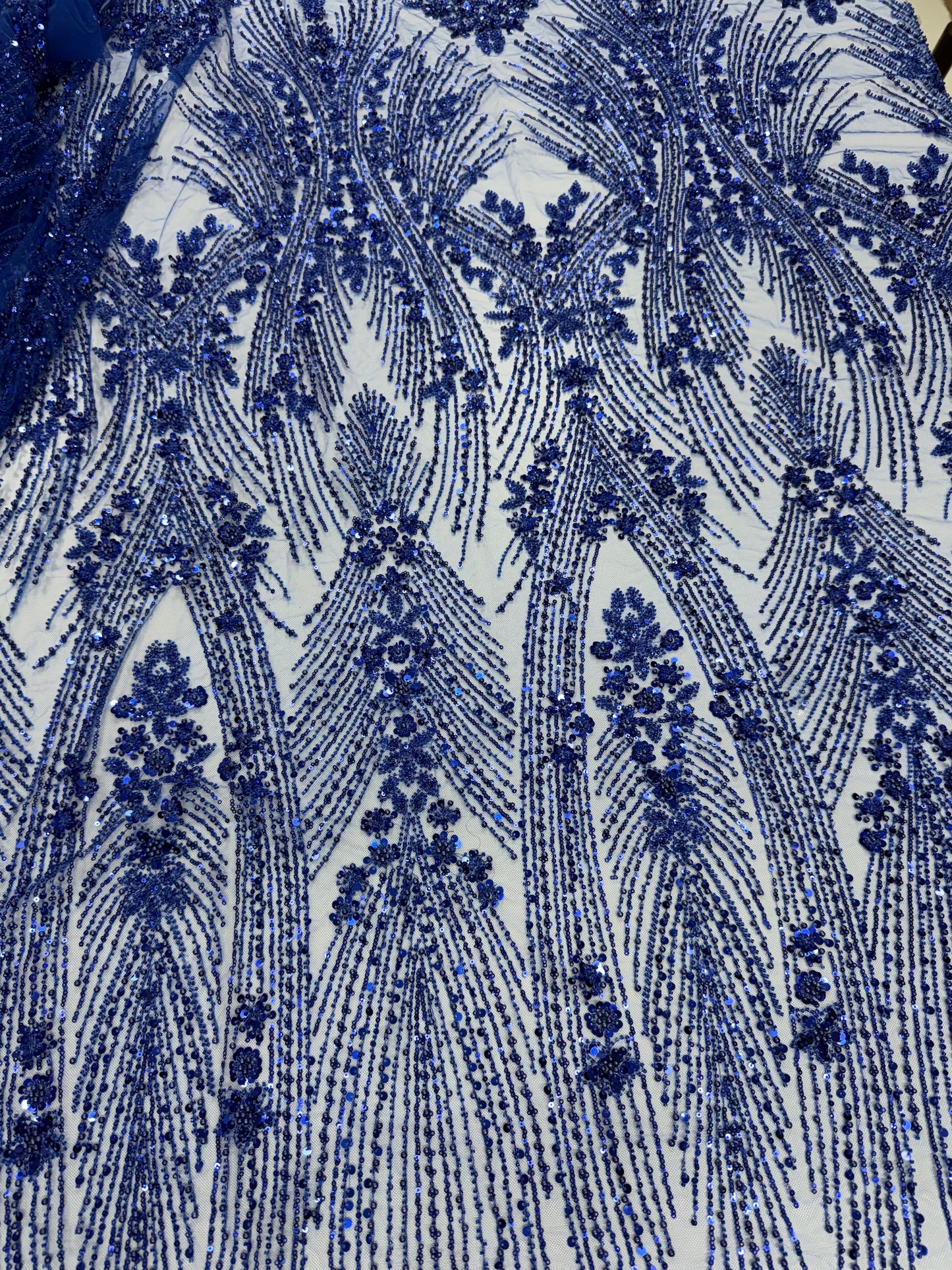 Royal Blue Pearl & Sequin Beaded Lace Fabric — Sold by the Yard