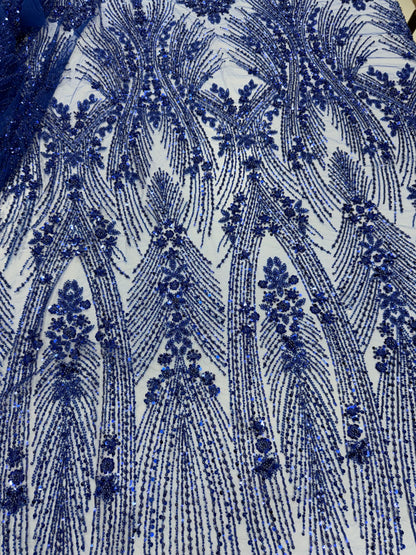 Royal Blue Pearl & Sequin Beaded Lace Fabric — Sold by the Yard