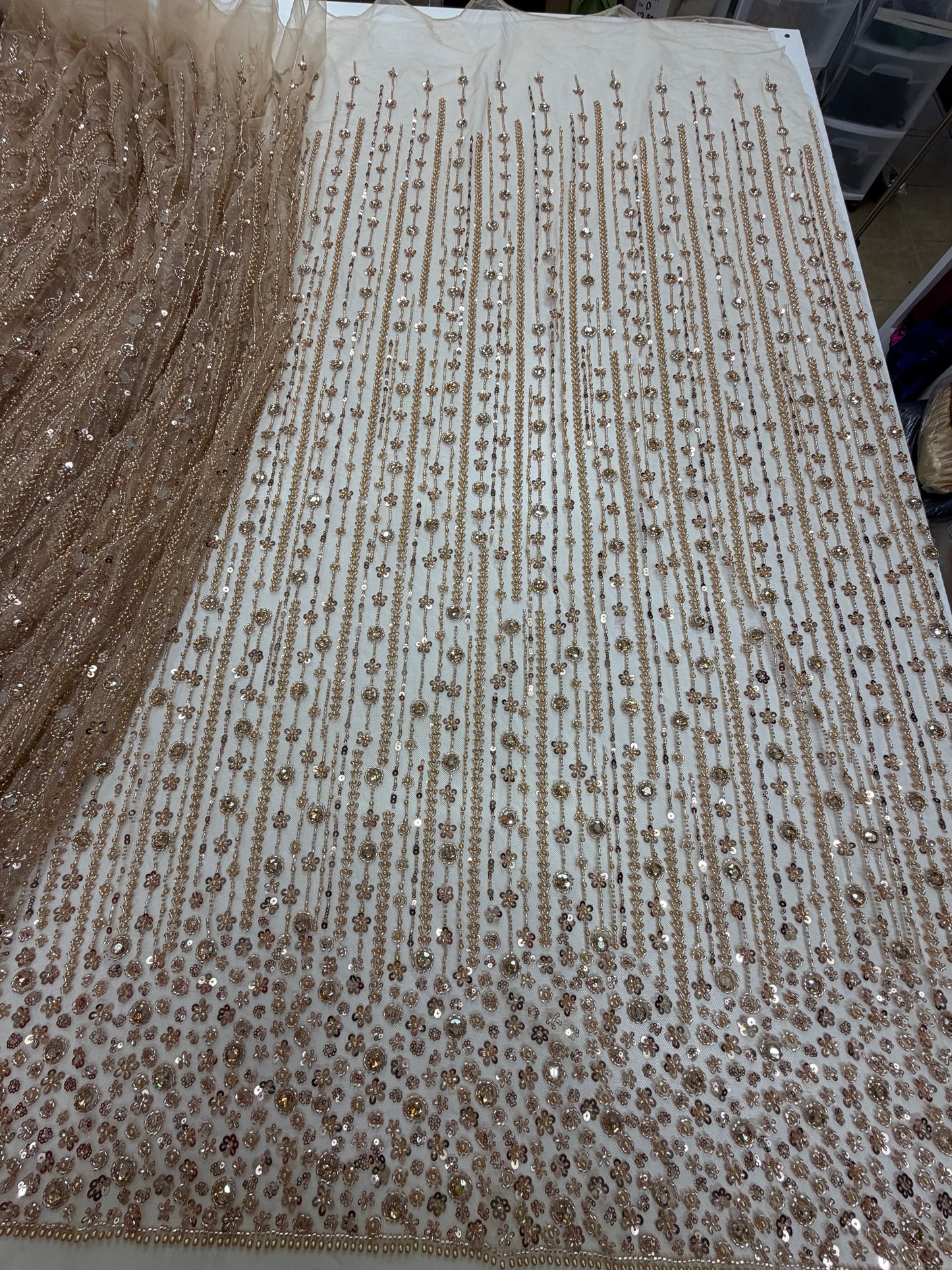 Champagne Gold Beaded Lace Fabric