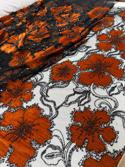 Velvet beaded lace fabric