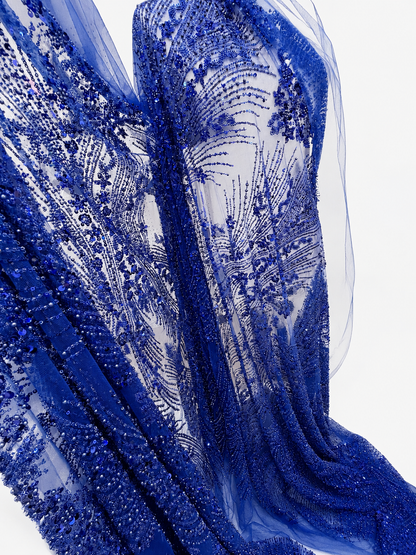Royal Blue Pearl & Sequin Beaded Lace Fabric — Sold by the Yard