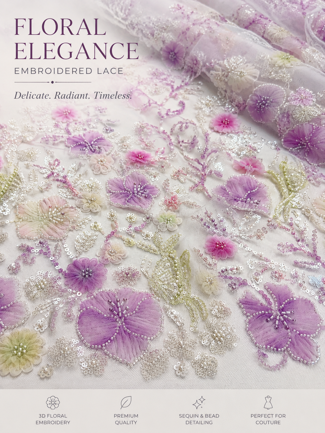 Lavender Blossom 3D Beaded Lace Fabric