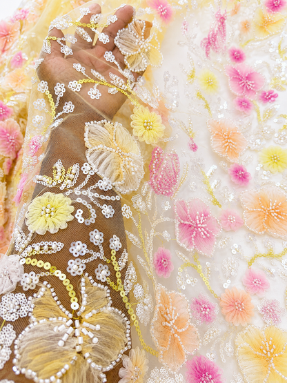 Sunshine Blossom 3D Beaded Lace Fabric