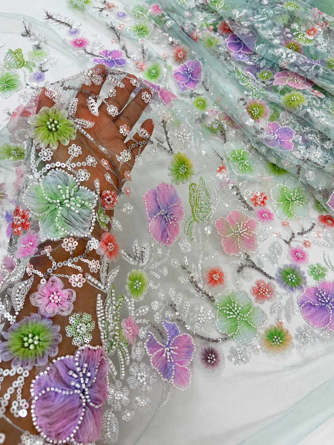 Misty Garden 3D Beaded Lace Fabric