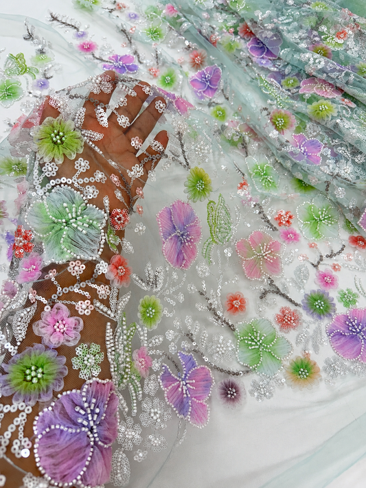 Misty Garden 3D Beaded Lace Fabric