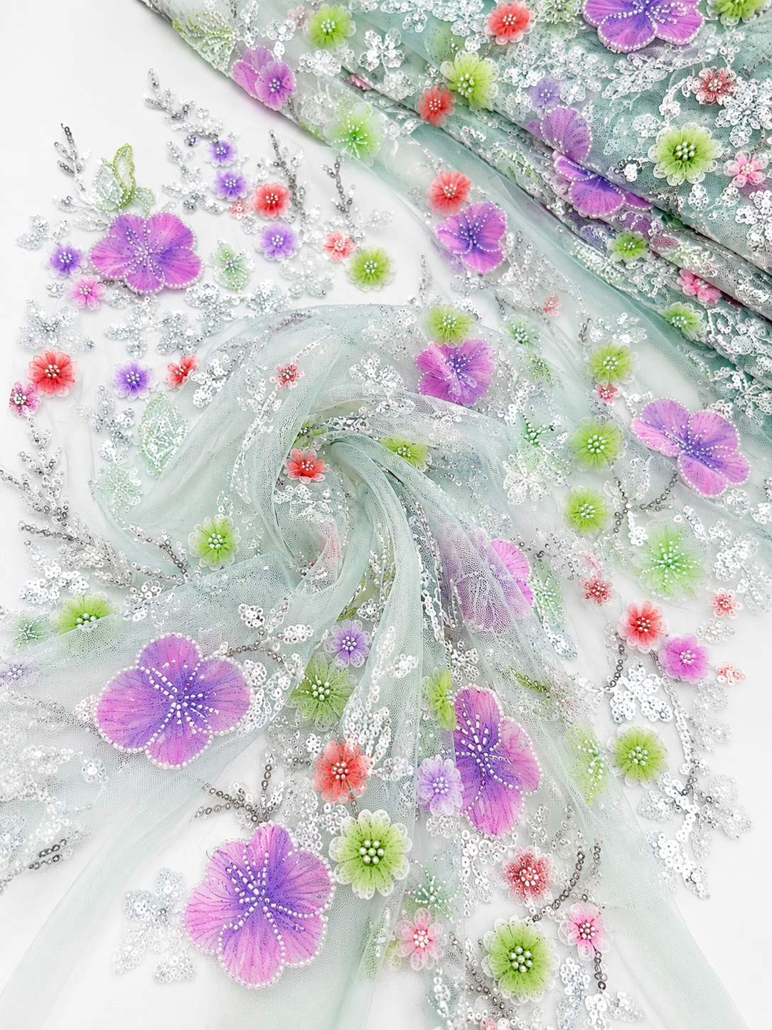 Misty Garden 3D Beaded Lace Fabric