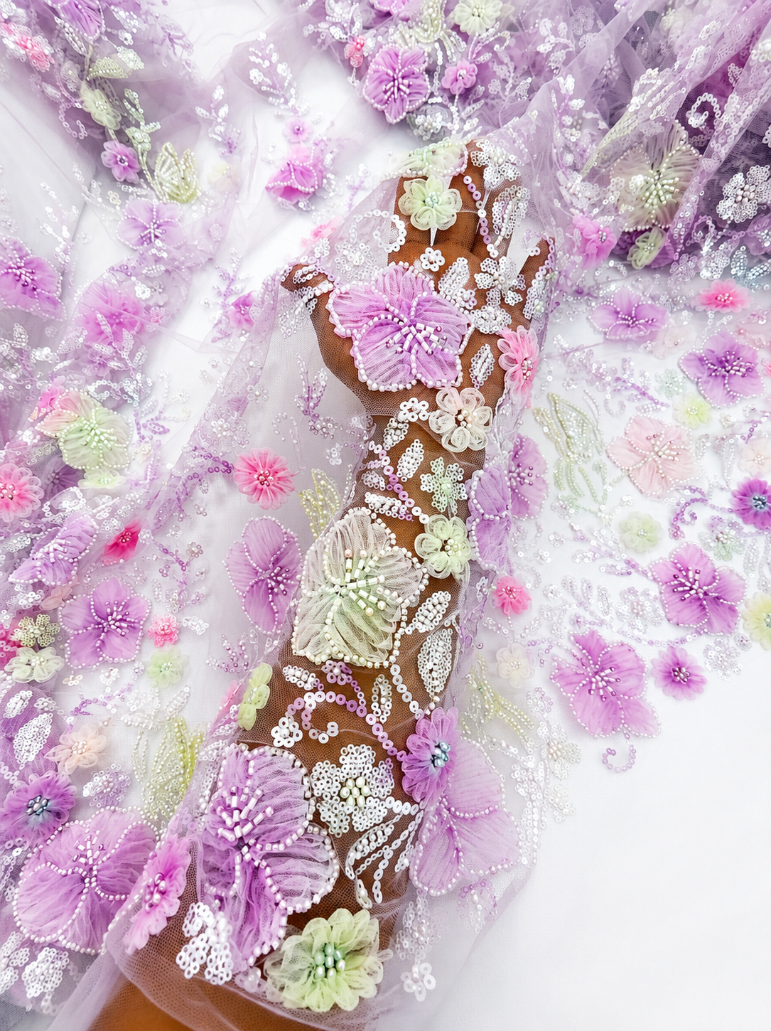 Lavender Blossom 3D Beaded Lace Fabric