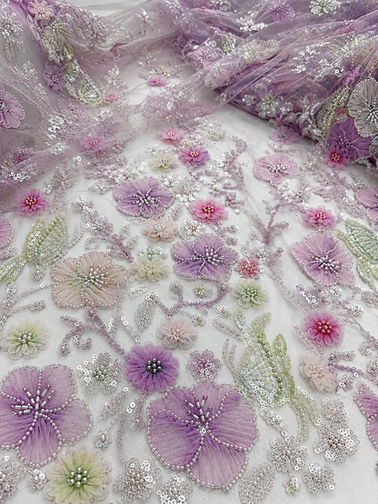 Lavender Blossom 3D Beaded Lace Fabric