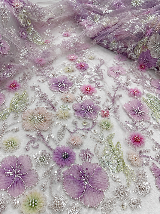 Lavender Blossom 3D Beaded Lace Fabric